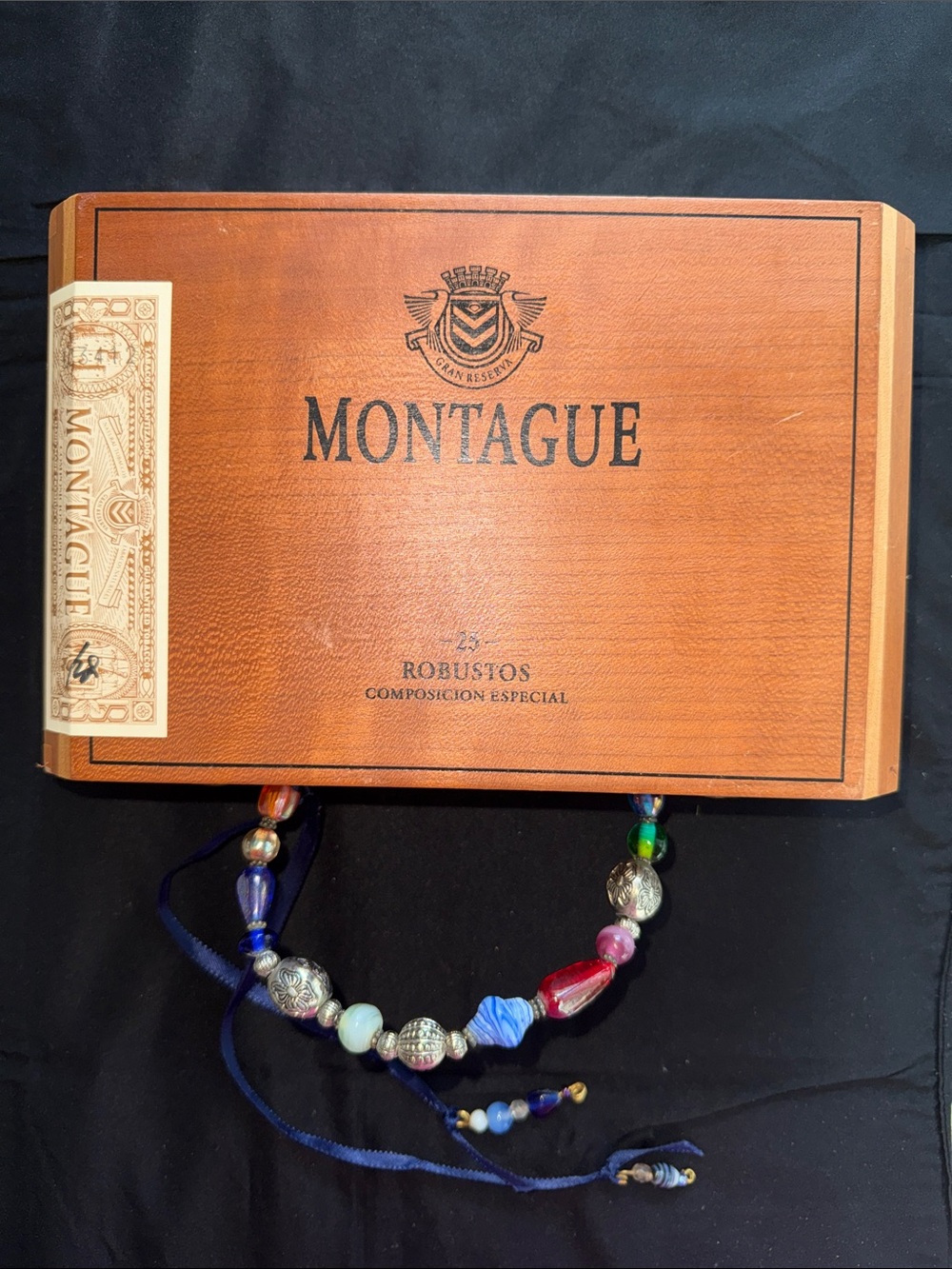 Upcycled Montague Wooden Cigar Box with Colorful Beaded Strap